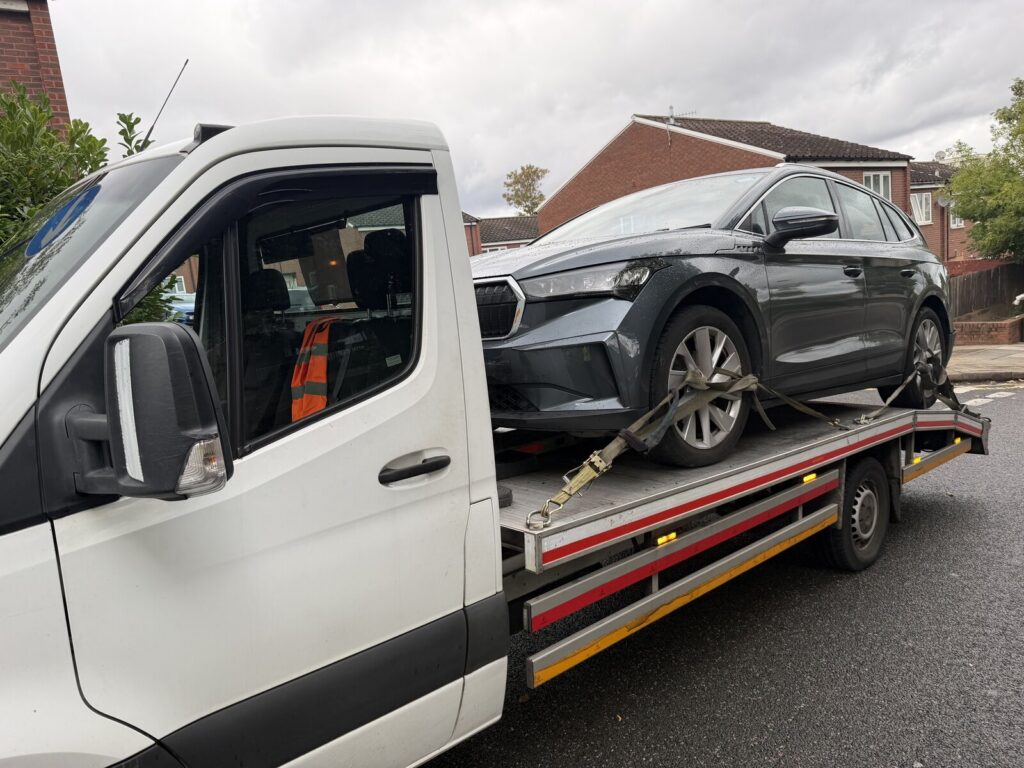 Electric Vehicle Recovery in South East London: What Makes It Different 4 Electric car loaded on a flatbed recovery truck in Greenwich, South East London